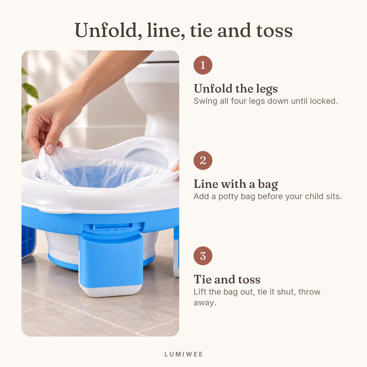 Lumiwee infographic: 2-in-1 - Unfold, line, tie and toss