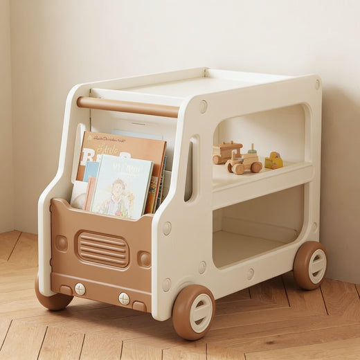 Lumiwee Cedar truck toy and book cart: brown truck-shaped book and toy cart in a playroom