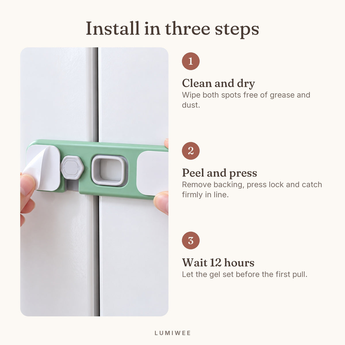Lumiwee infographic: Fridge Lock - Install in three steps