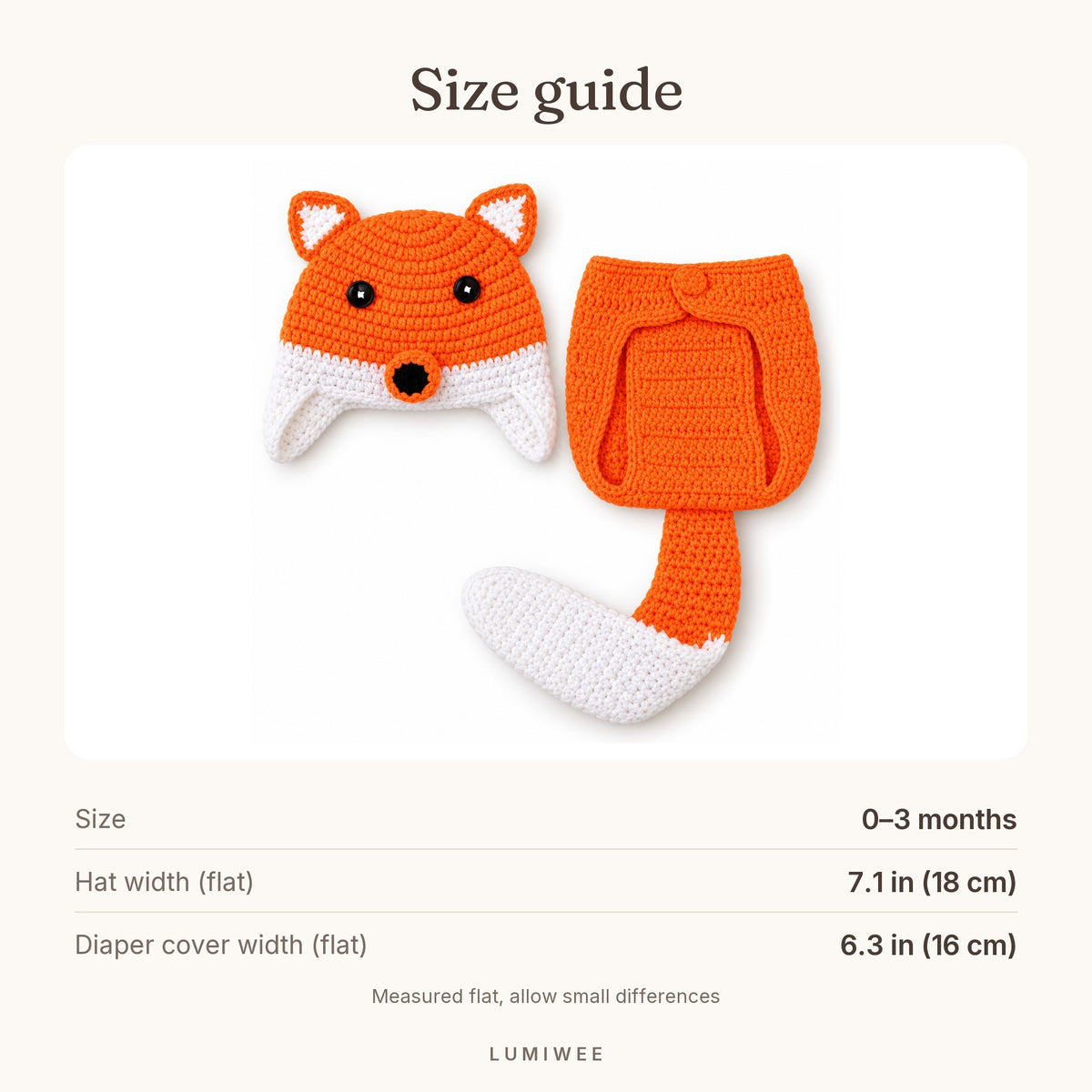 Lumiwee infographic: Fox crochet outfit - Size guide