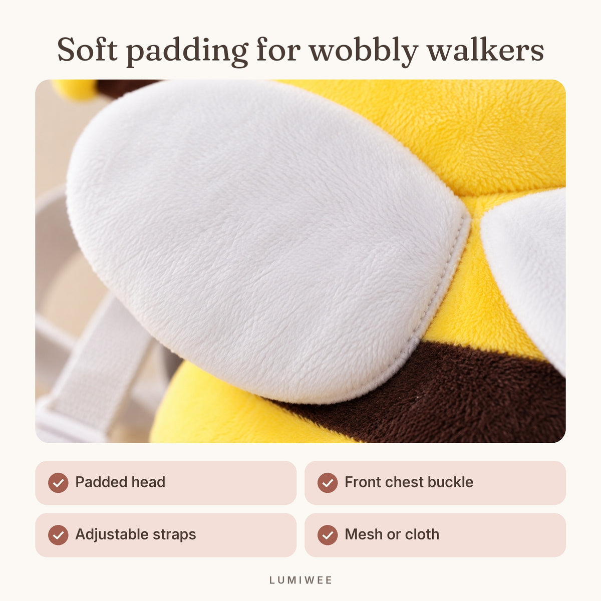Lumiwee infographic: Infant Head Protector Backpack - Soft padding for wobbly walkers