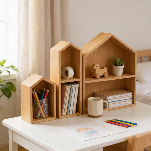 Lumiwee Linden wooden house desk organizer: set of 3 natural wood house organizers holding pencils, tape and notebooks on a kids desk