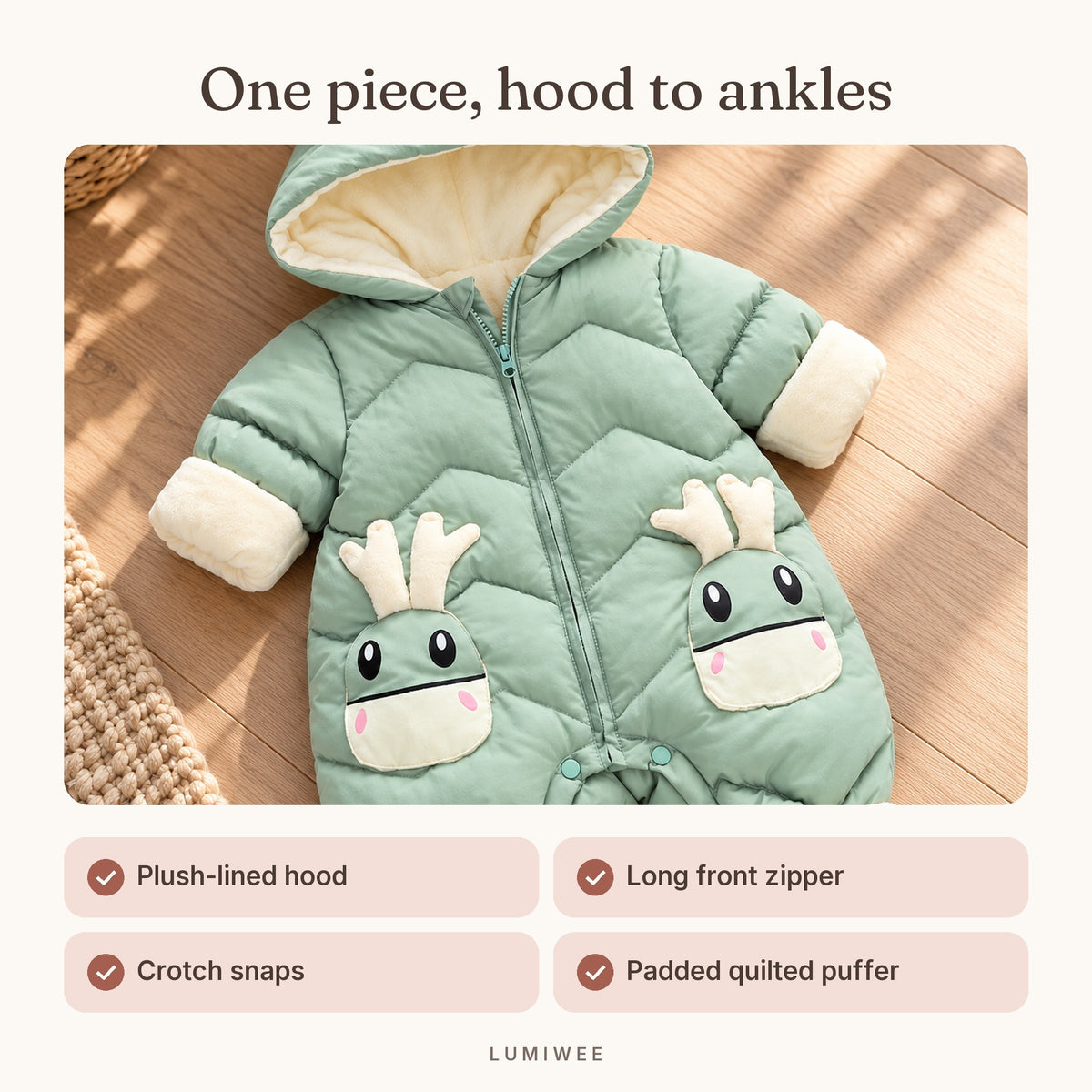 Lumiwee infographic: Sleet - One piece, hood to ankles