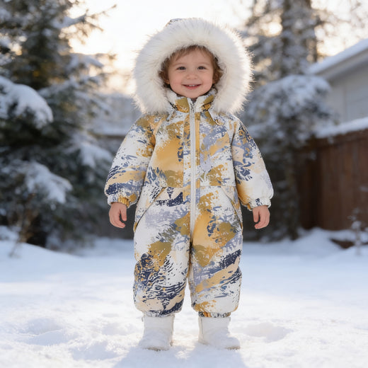 Lumiwee Snowdrop toddler hooded snowsuit: toddler in the painted waves hooded snowsuit standing in the snow