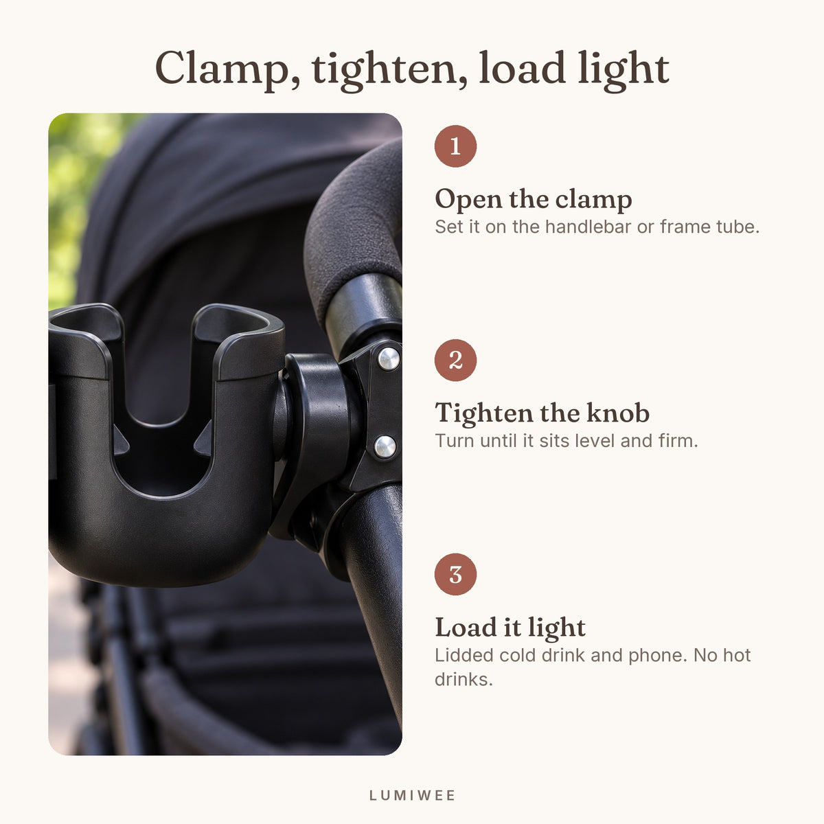Lumiwee infographic: StrollerCupHolder - Clamp, tighten, load light