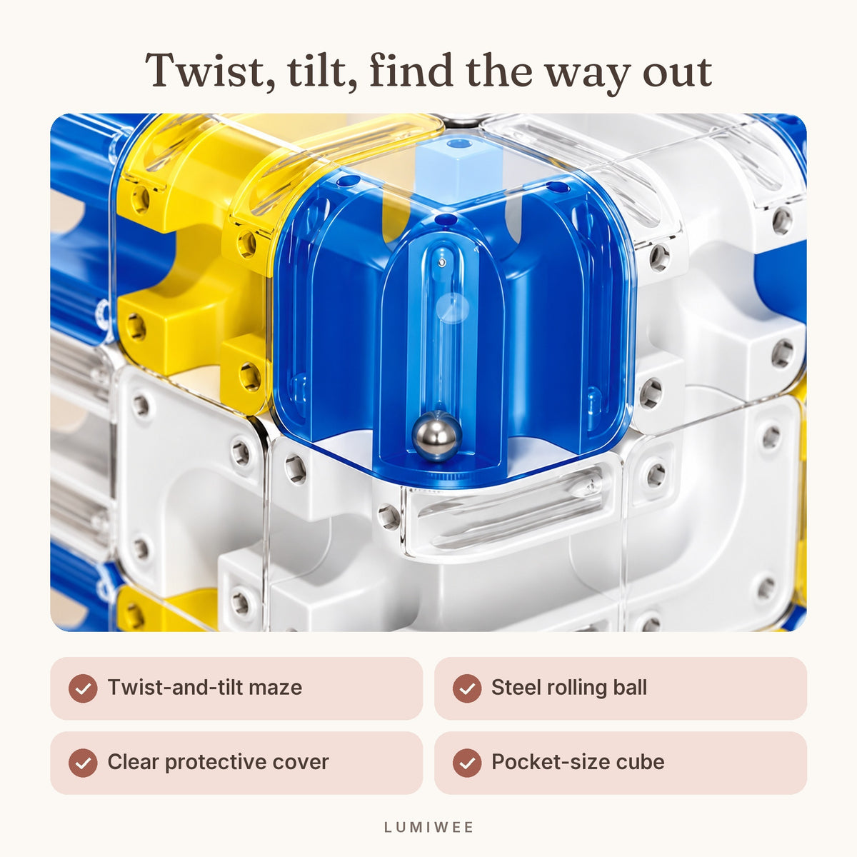 Lumiwee infographic: Twist - Twist, tilt, find the way out