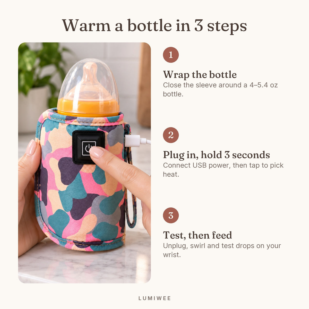 Lumiwee infographic: USBWarmer - Warm a bottle in 3 steps