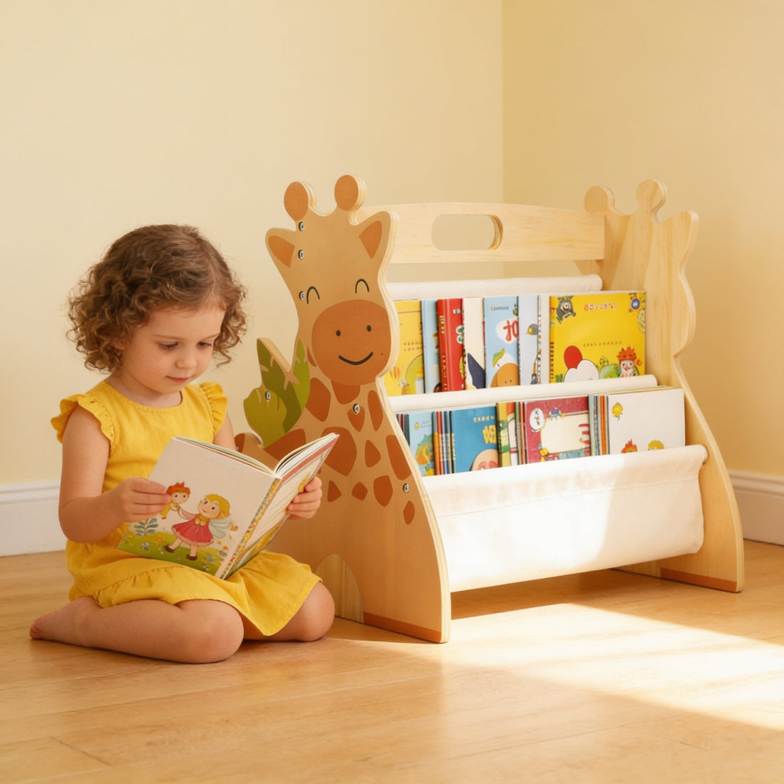 Giraffe book rack with a girl reading beside it