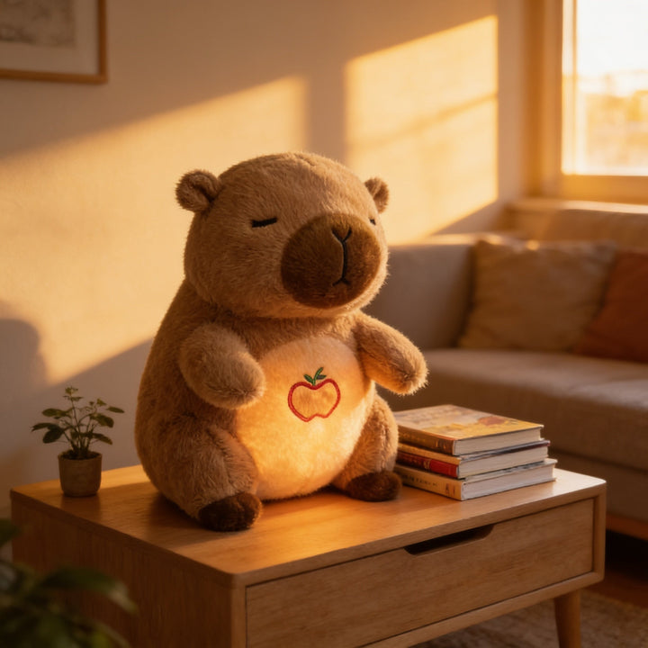 Brown capybara plush with a glowing belly on a side table
