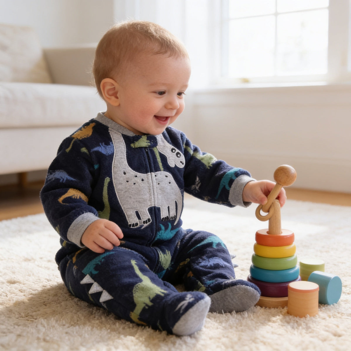 Baby in a navy dinosaur fleece romper playing on a rug