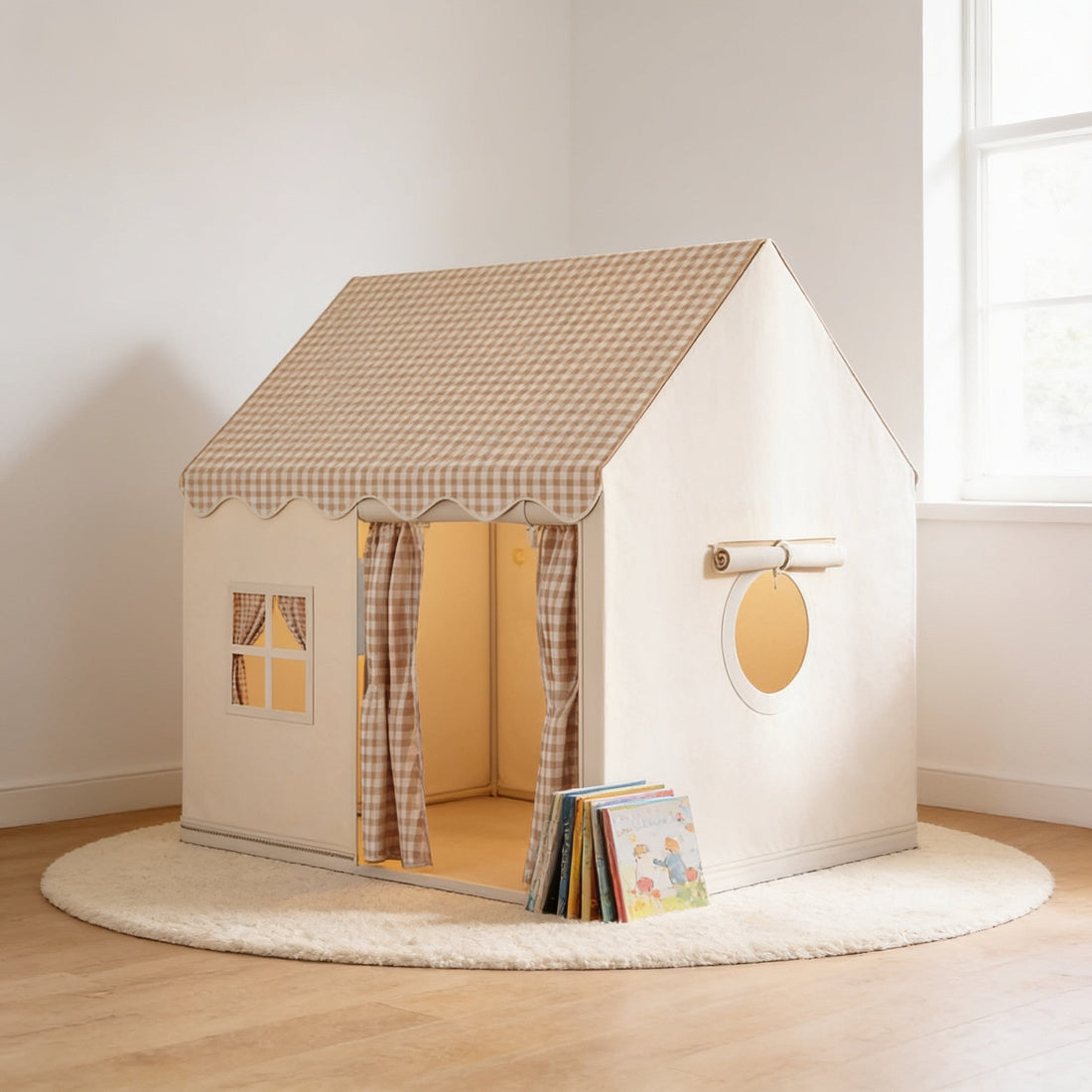 Khaki gingham play tent in a bright playroom