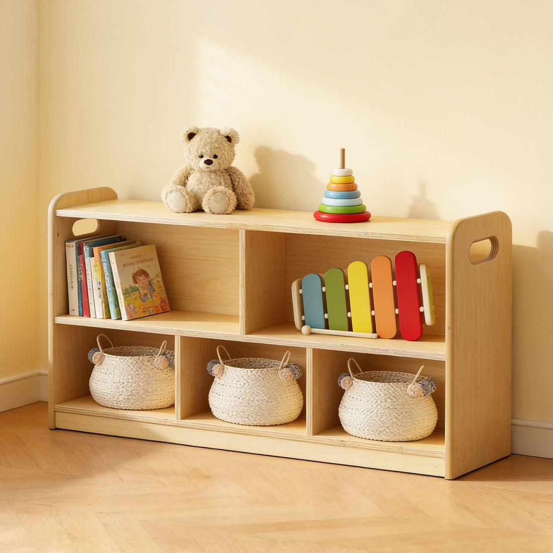 Montessori toy shelf with toys, baskets and books in a bright playroom