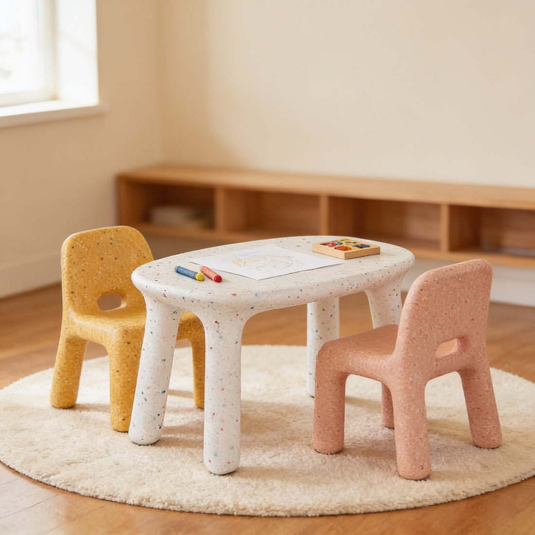 White speckled kids table with a yellow and a pink chair in a sunlit playroom