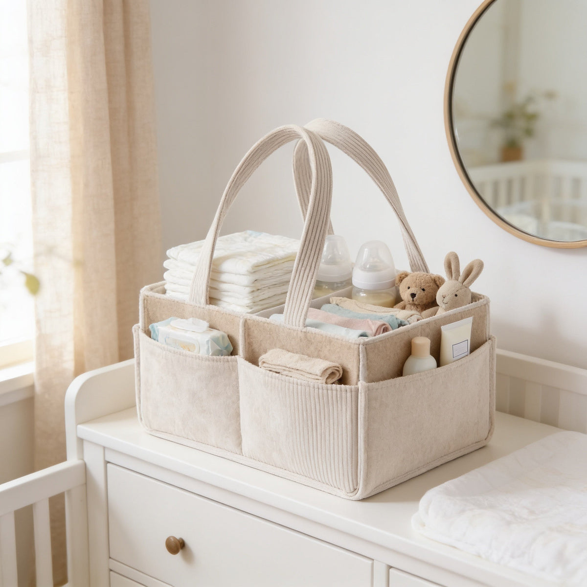 Corduroy diaper caddy filled with diapers, wipes and changing supplies