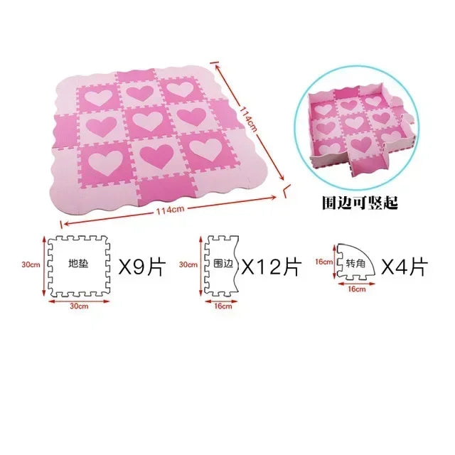 Foam puzzle play mat in Pink Hearts design, light and dark pink heart tiles with a wavy pink border