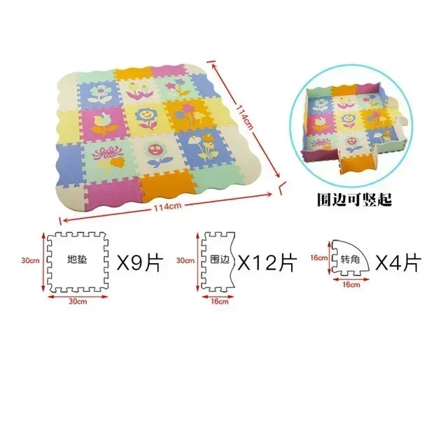 Foam puzzle play mat in Flowers design with tulip and daisy tiles in pastel pink, yellow and blue, laid flat and border up