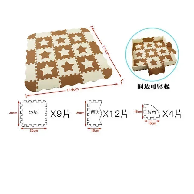 Foam puzzle play mat in Brown Stars design, cream stars on brown tiles with a wavy cream border