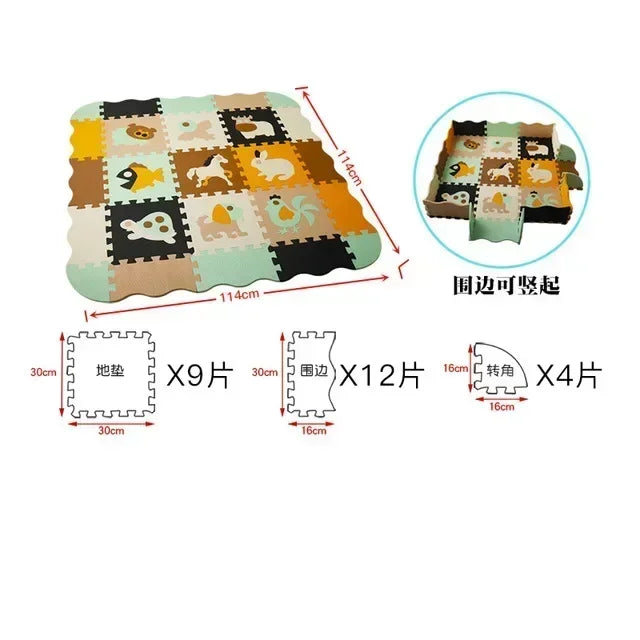 Foam puzzle play mat in Woodland Animals design, 114 cm square laid flat, with 9 floor tiles, 12 border pieces and 4 corners