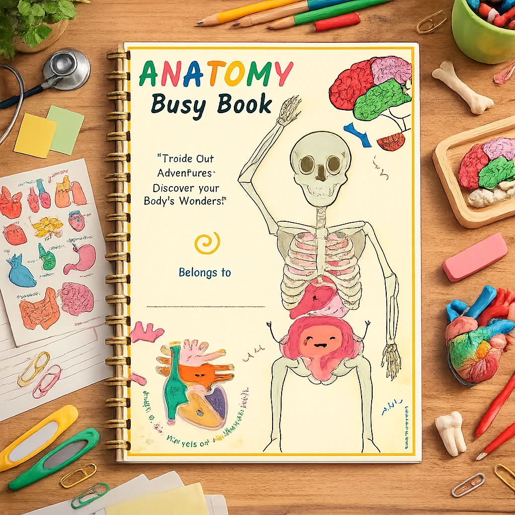 Anatomy busy book cover with a cartoon skeleton and organs, spiral-bound, on a desk with pencils and body-part cards
