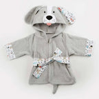 Kids hooded animal bathrobe, Gray Puppy design laid flat with floppy ears, printed cuffs, belt and tail