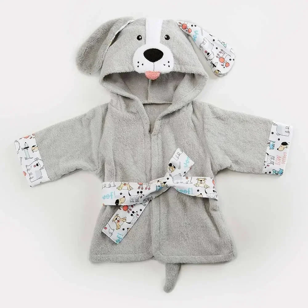 Kids hooded animal bathrobe, Gray Puppy design laid flat with floppy ears, printed cuffs, belt and tail