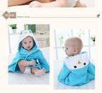Kids hooded animal bathrobe, turquoise Blue Penguin design, front view on a baby and back view showing the hood