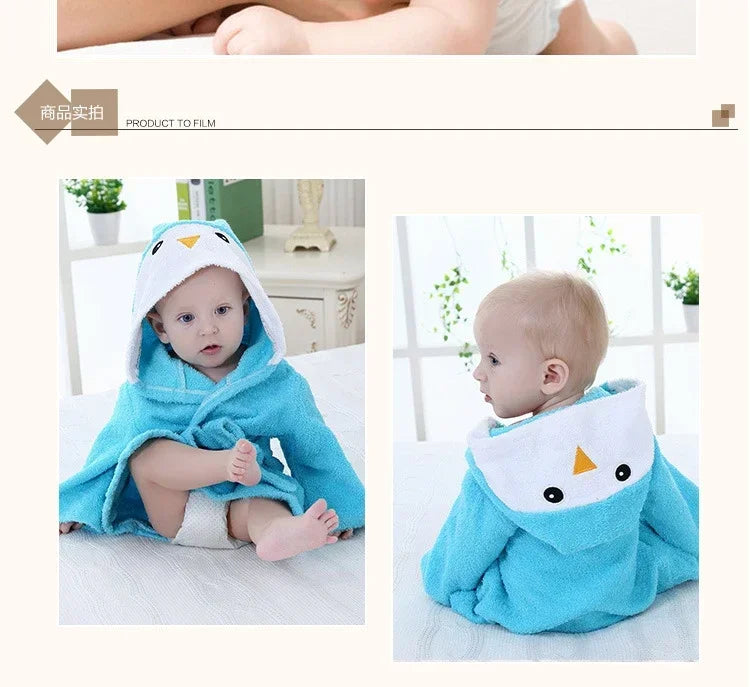 Kids hooded animal bathrobe, turquoise Blue Penguin design, front view on a baby and back view showing the hood