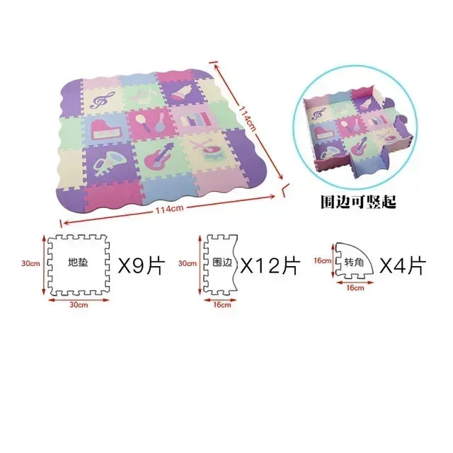 Foam puzzle play mat in Music design with guitar, piano and treble clef tiles in purple, pink and mint