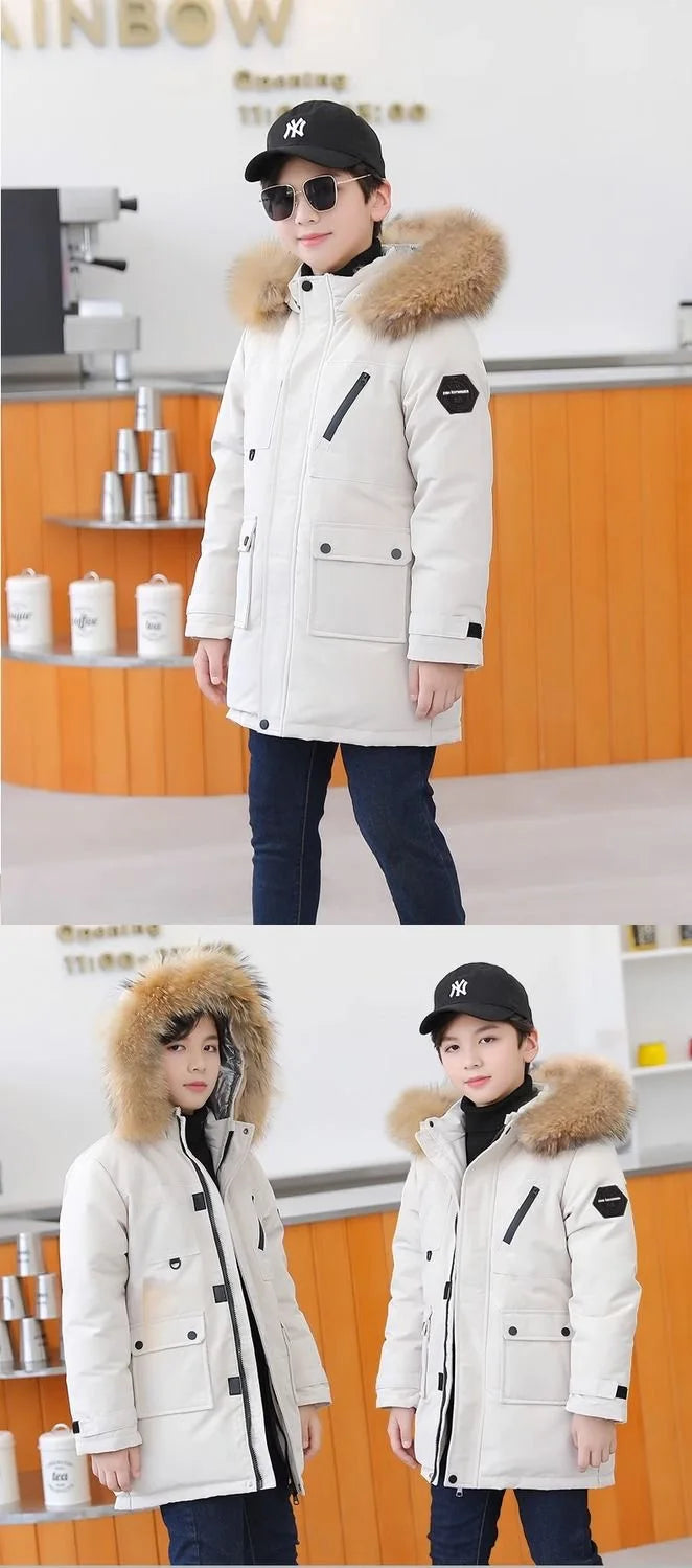 Boys winter coat with hood in cream worn by boys in caps, front views with the hood down and with the hood up