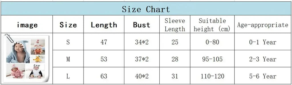 Kids bathrobe size chart: S 47 cm, M 53 cm, L 63 cm long, with bust, sleeve, height 0-120 cm and ages 0-6 years