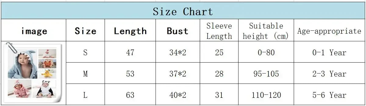 Kids bathrobe size chart: S 47 cm, M 53 cm, L 63 cm long, with bust, sleeve, height 0-120 cm and ages 0-6 years
