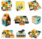 Foam puzzle play mat grid of nine setups: flat, border up, a tile house, a cube and stacked tiles with animal cutouts