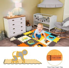 Foam puzzle play mat in a nursery, a baby crawling on Animal Friends tiles, plus a close-up of the 1 cm (0.39 in) foam edge