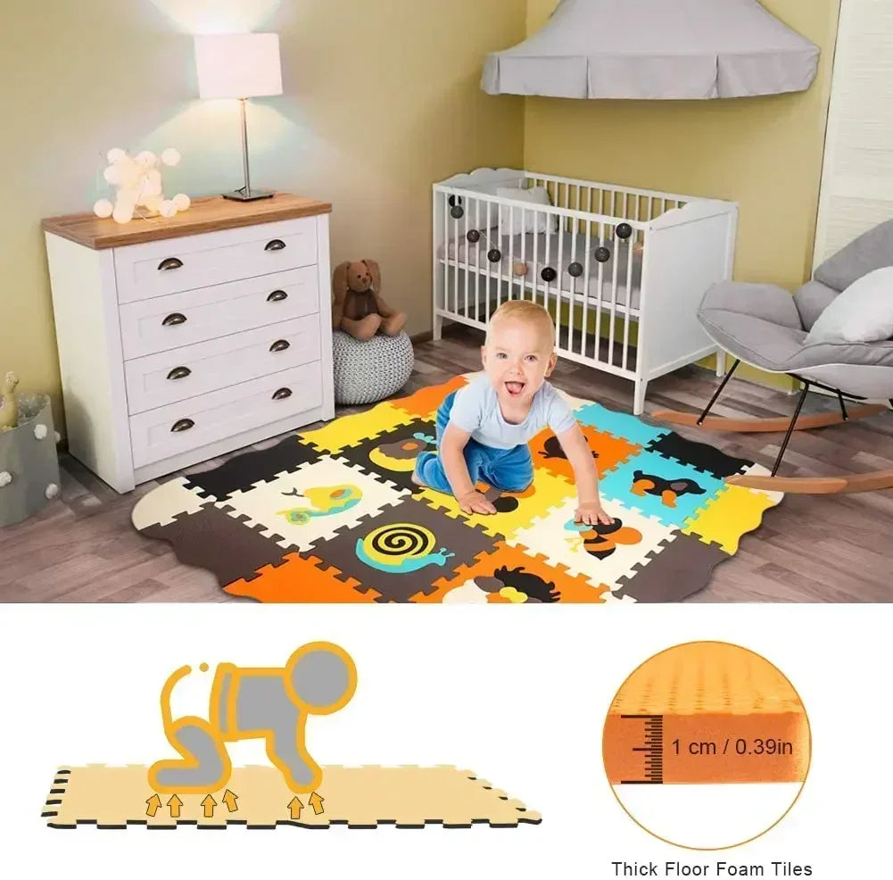 Foam puzzle play mat in a nursery, a baby crawling on Animal Friends tiles, plus a close-up of the 1 cm (0.39 in) foam edge