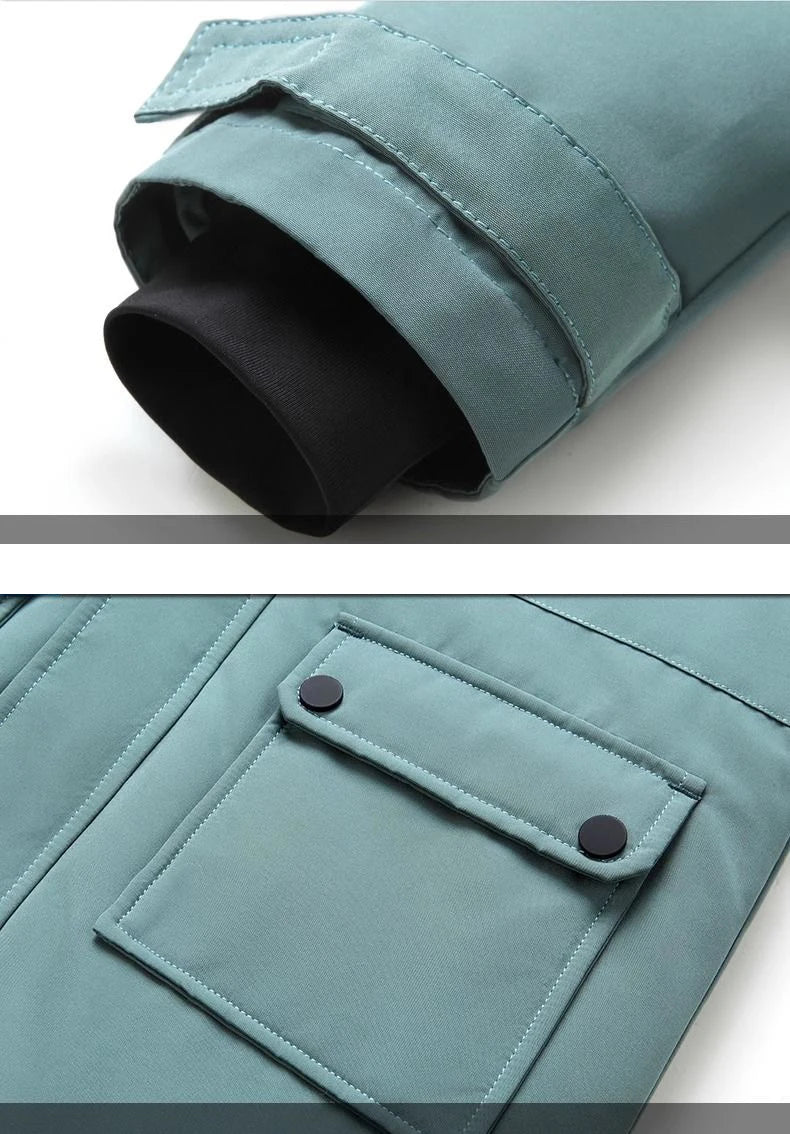 Boys winter coat close-ups in teal: black knit inner cuff tucked inside the sleeve, and a snap-flap front pocket