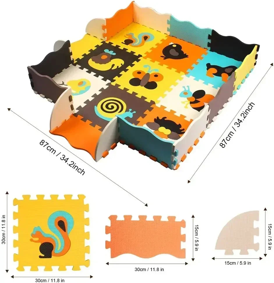 Foam puzzle play mat size chart: 34.2 x 34.2 in with border up, 11.8 in floor tile, border piece and curved corner piece