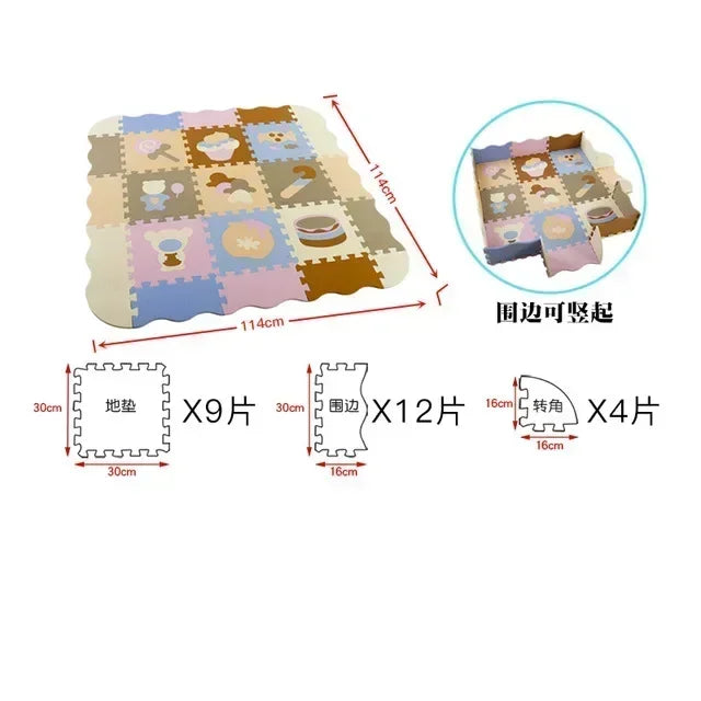Foam puzzle play mat in Sweet Treats design with cake, ice cream and cupcake tiles in pastel pink, blue and beige