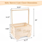 Wooden baby shower gift crate size chart: 25 in tall with rail, 16.14 in wide, 11.82 in deep, 9.06 in crate height