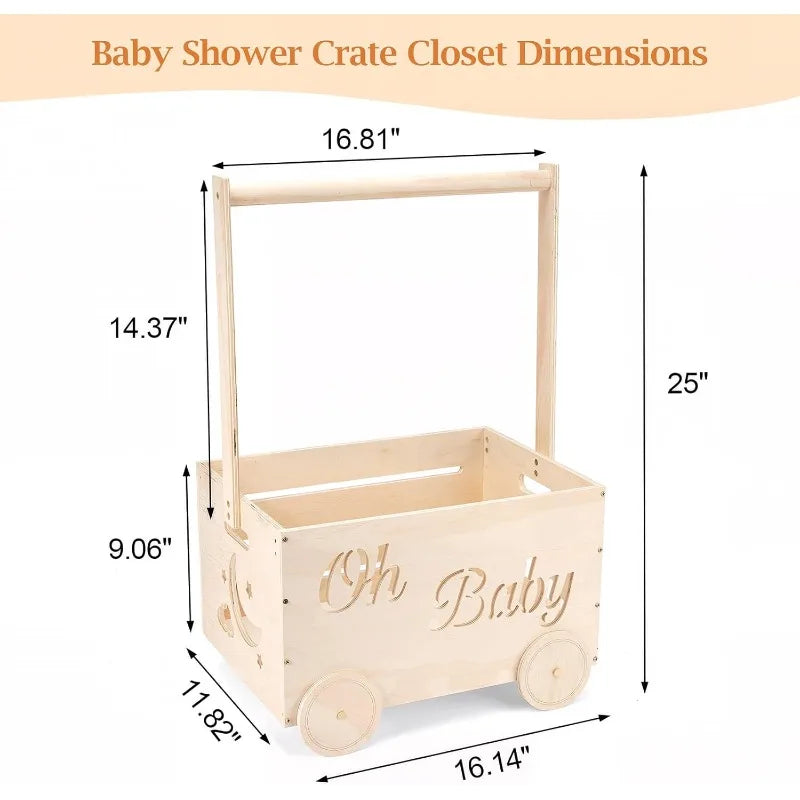 Wooden baby shower gift crate size chart: 25 in tall with rail, 16.14 in wide, 11.82 in deep, 9.06 in crate height