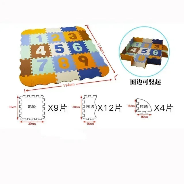 Foam puzzle play mat in Numbers design with tiles 1 to 9 in blue, orange and cream, shown flat and with the border up