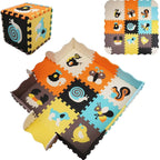 Foam puzzle play mat with border up, Animal Friends design with snail, squirrel and bee tiles, plus flat and stacked views