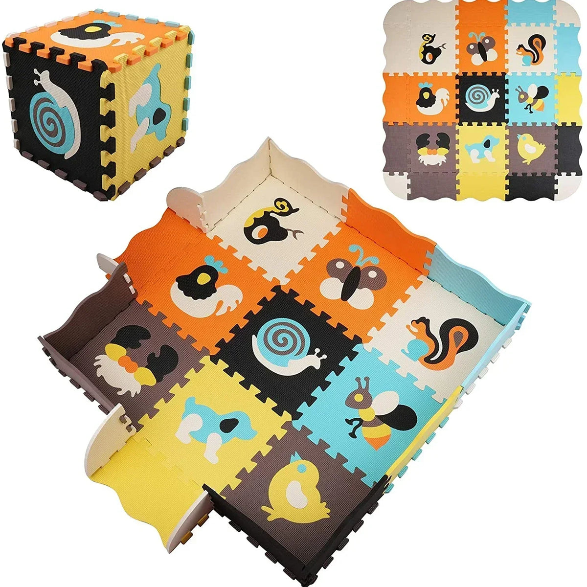 Foam puzzle play mat with border up, Animal Friends design with snail, squirrel and bee tiles, plus flat and stacked views