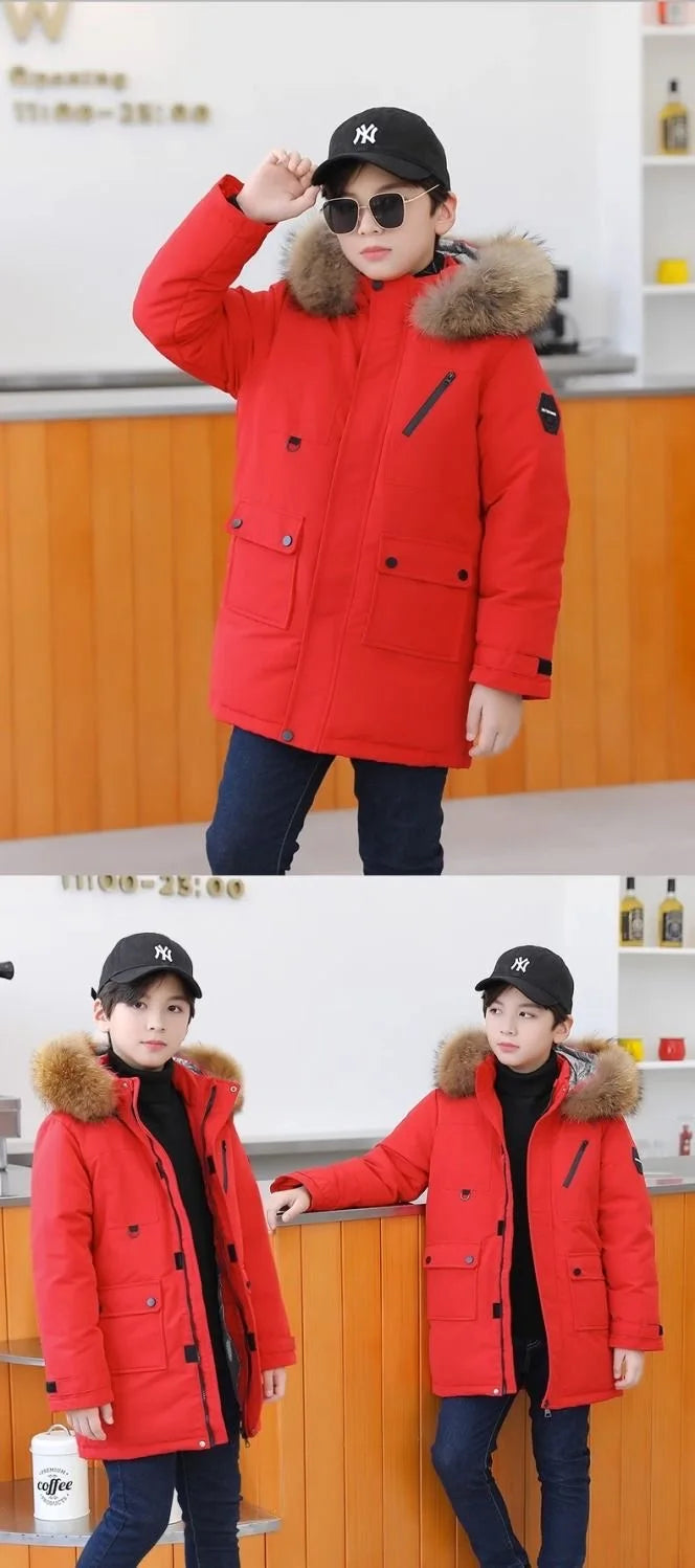 Boys winter coat with hood in red worn by boys in caps, front and side views showing the length and zip front