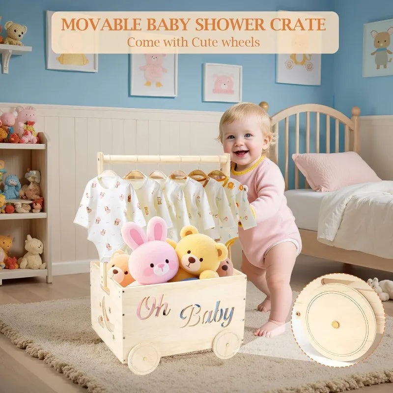 Wooden baby shower gift crate in a nursery next to a smiling toddler, with a close-up of a round wooden wheel