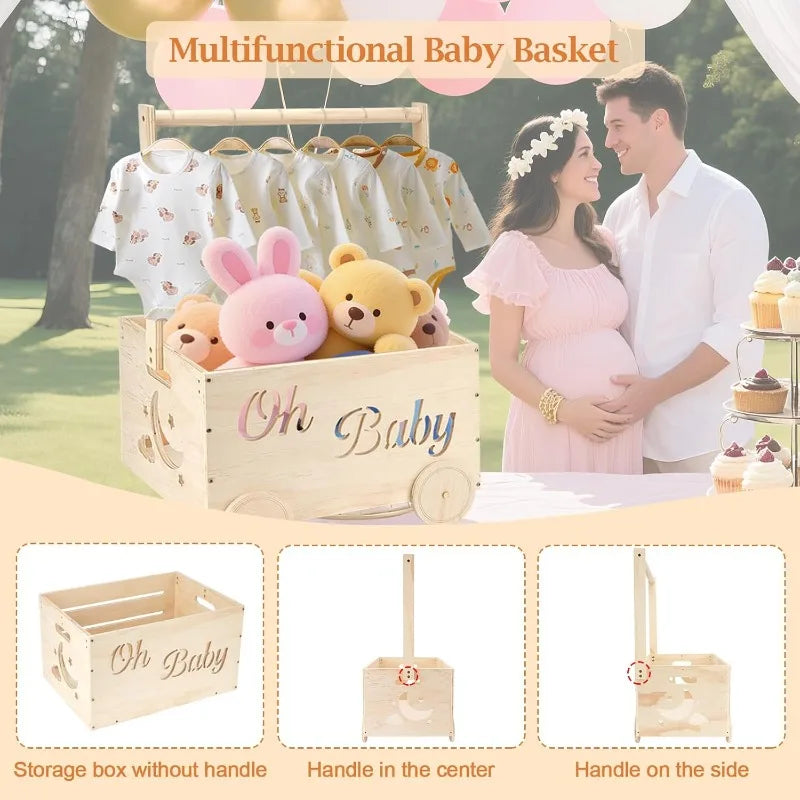 Wooden baby shower gift crate at an outdoor party with a couple, plus 3 setups: no rail, rail in the middle, rail at back