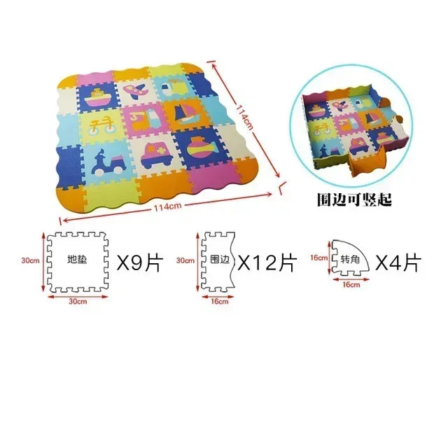Foam puzzle play mat in Vehicles design with car, boat, bike and scooter tiles in bright rainbow colours