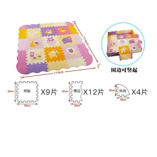 Foam puzzle play mat in Pastel Animals design with elephant, duck and owl tiles in lilac, pink and soft yellow