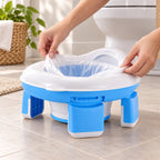 Lumiwee 2-in-1 Travel Potty & Toilet Training Seat: adult hands lining the blue travel potty with a disposable bag