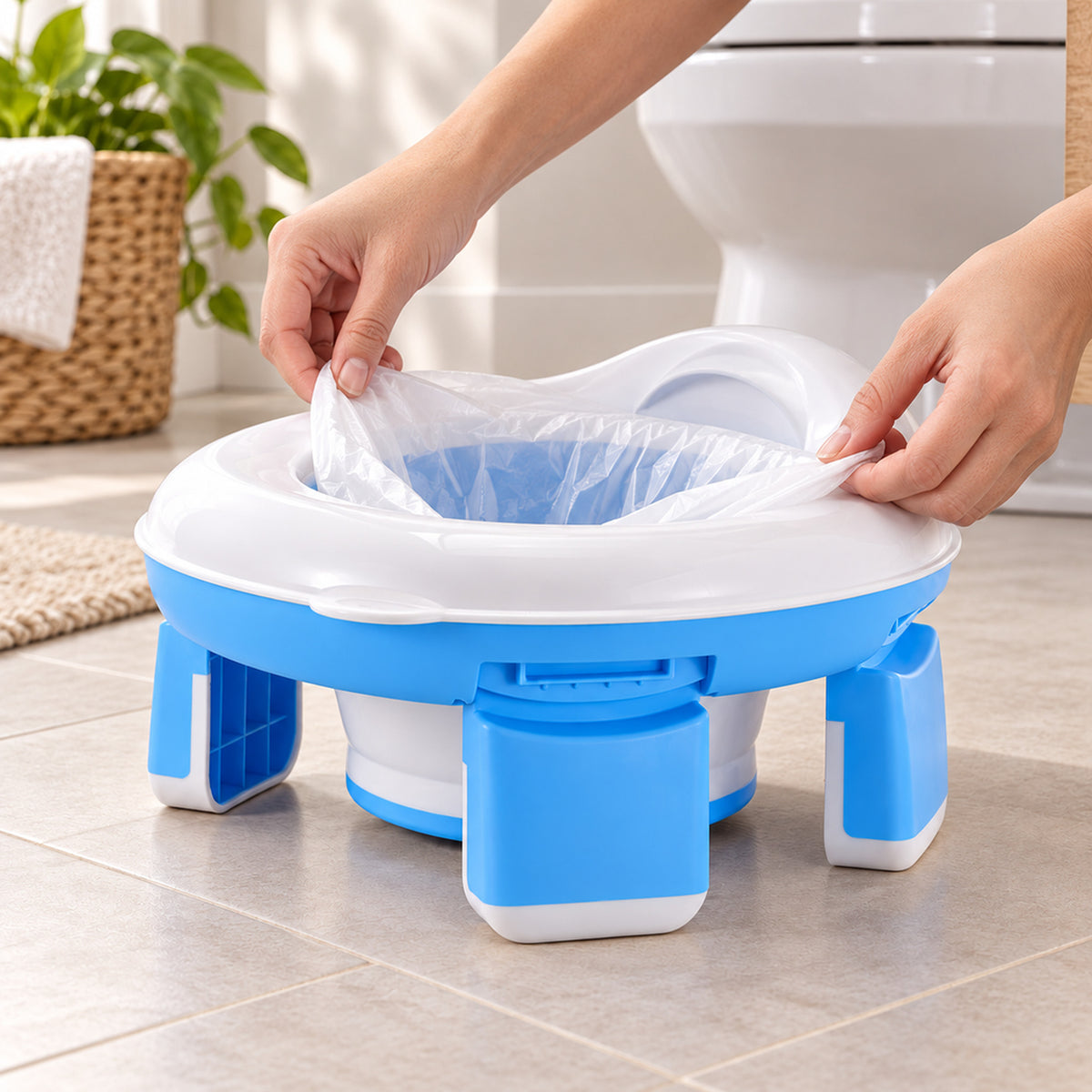 Lumiwee 2-in-1 Travel Potty & Toilet Training Seat: adult hands lining the blue travel potty with a disposable bag