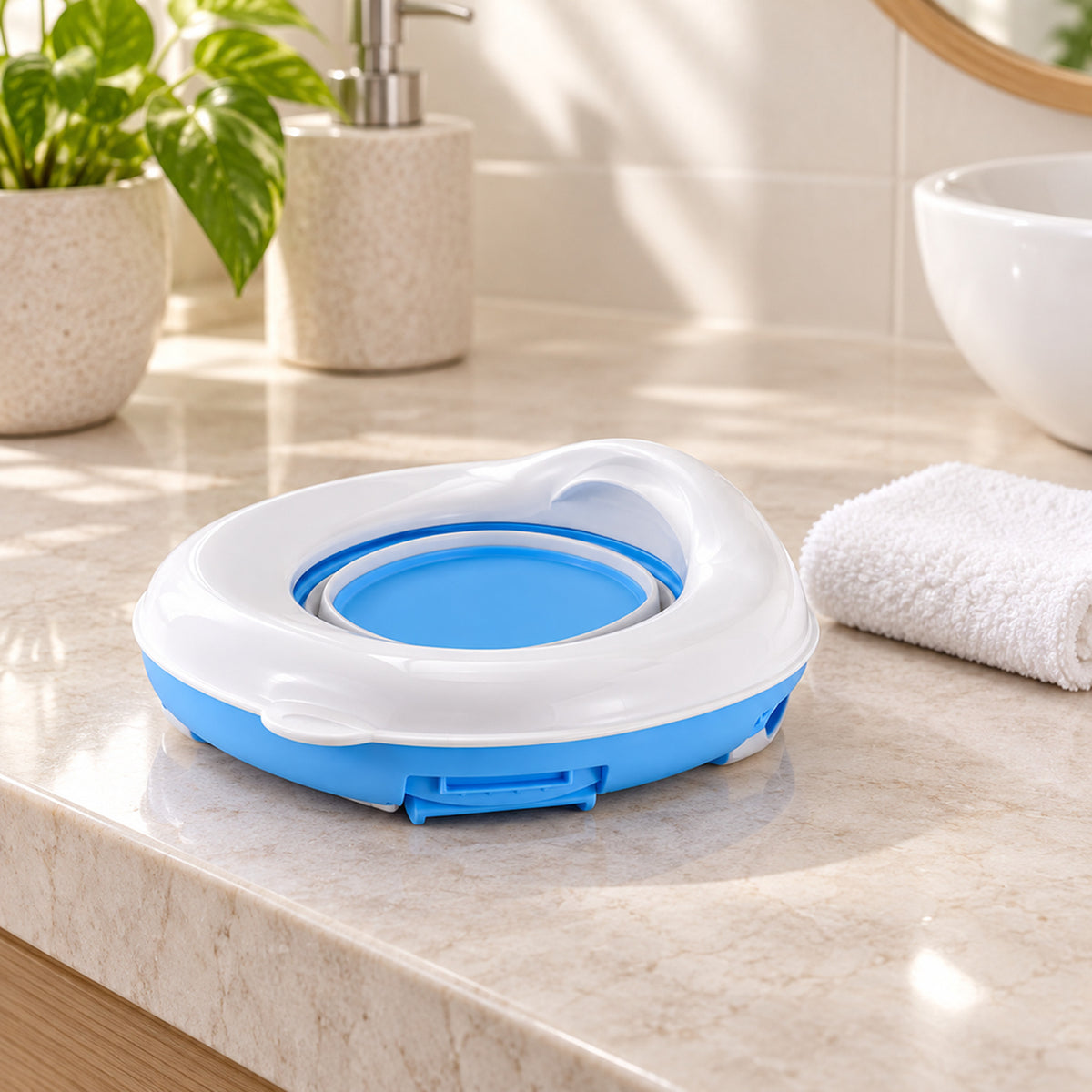 Lumiwee 2-in-1 Travel Potty & Toilet Training Seat: blue travel potty folded flat beside a folded washcloth